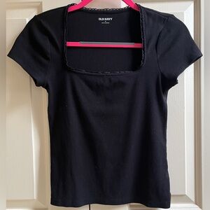 LN!!🍒OLD NAVY sz M LACE TRIM RIB KNIT TEE TOP Square Neck BLACK ~ Worn Once!!